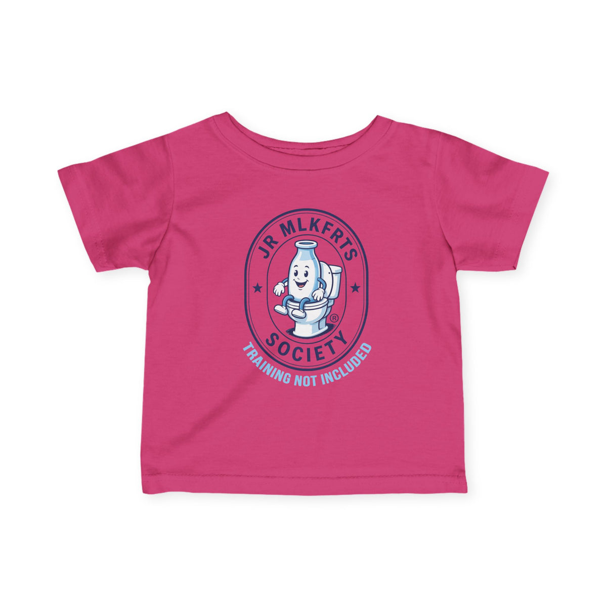 Hot Pink infant tee with a round Jr. MLKFRTS Society badge print with a cartoon milk bottle, front view