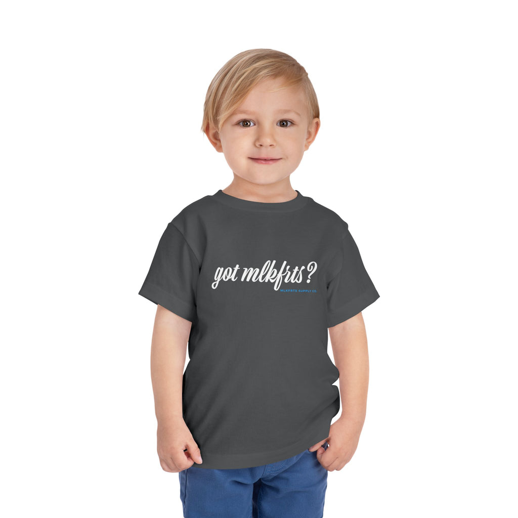 Toddler wearing the got mlkfrts? Toddler Tee in Asphalt, got mlkfrts? script on the front