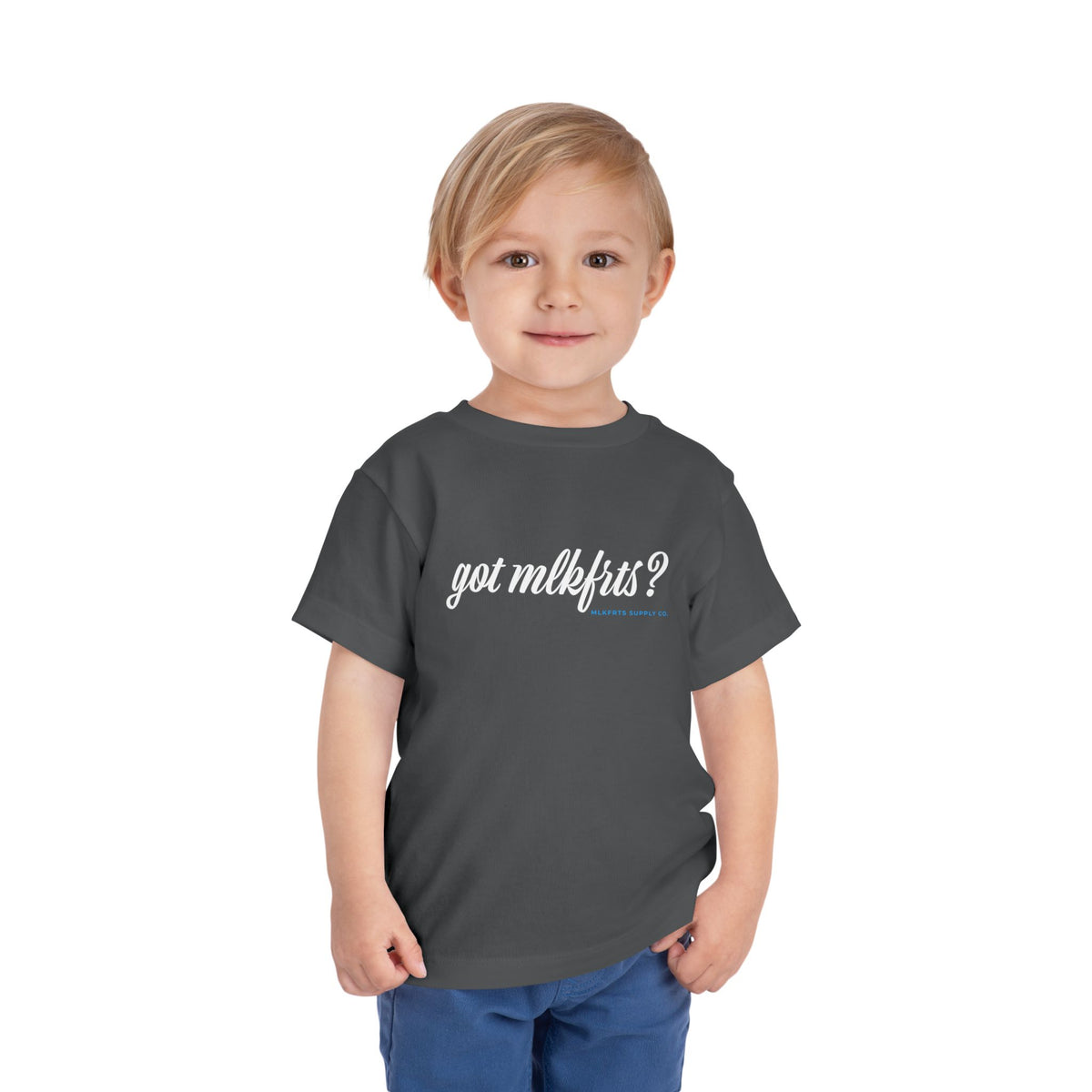 Toddler wearing the got mlkfrts? Toddler Tee in Asphalt, got mlkfrts? script on the front