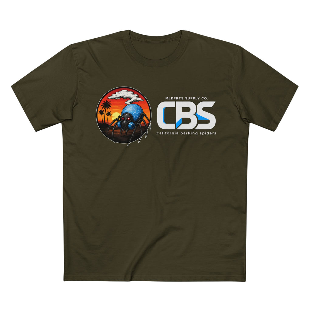 MLKFRTS California Barking Spiders Tee in army, front: CBS lockup with a gas-masked blue spider in a sunset-and-palms circle, MLKFRTS SUPPLY CO. and california barking spiders