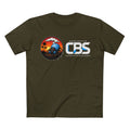 MLKFRTS California Barking Spiders Tee in army, front: CBS lockup with a gas-masked blue spider in a sunset-and-palms circle, MLKFRTS SUPPLY CO. and california barking spiders