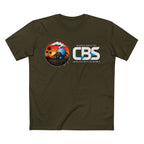 MLKFRTS California Barking Spiders Tee in army, front: CBS lockup with a gas-masked blue spider in a sunset-and-palms circle, MLKFRTS SUPPLY CO. and california barking spiders