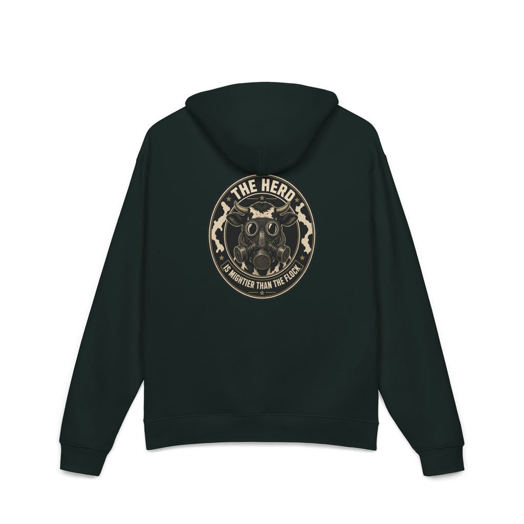 Stampede Hoodie in pine green, back: large Herd gas-mask cow badge