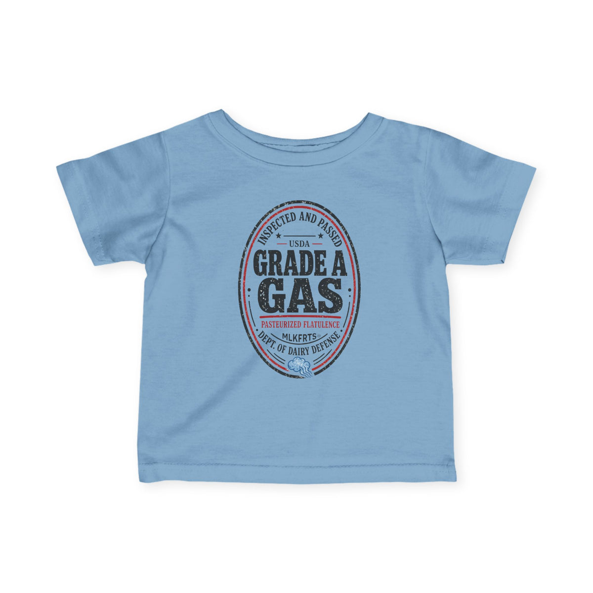 Light Blue infant tee with an oval "Grade A Gas" seal print, front view