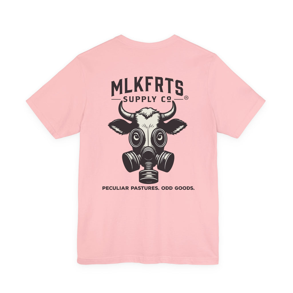 Pink t-shirt, back view with a large MLKFRTS Supply Co. gas-mask cow graphic