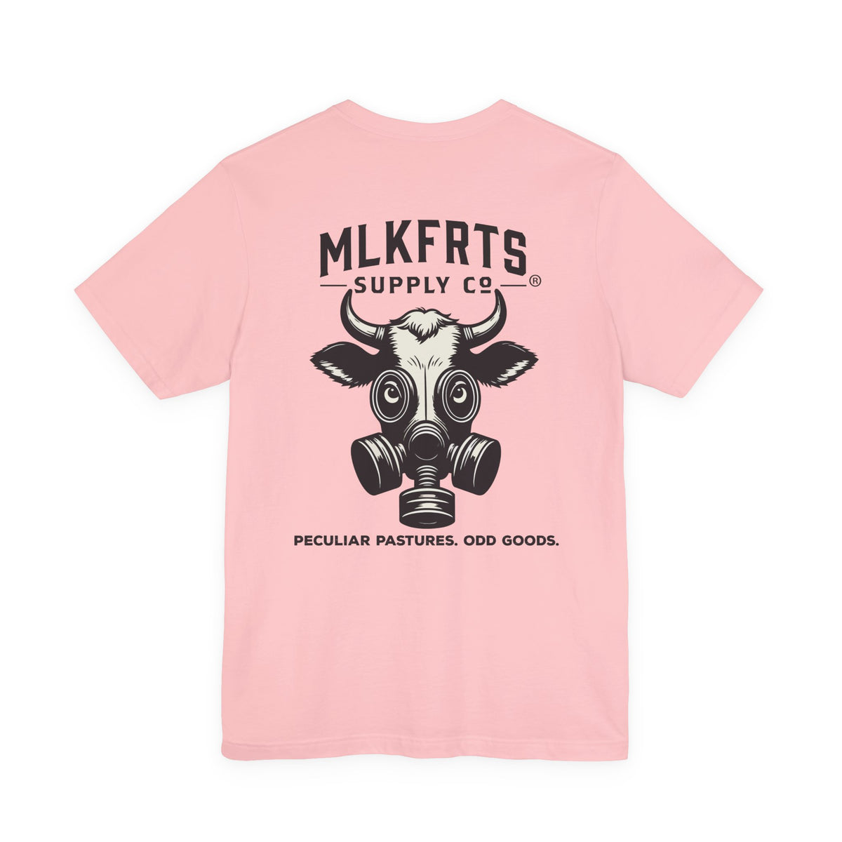 Pink t-shirt, back view with a large MLKFRTS Supply Co. gas-mask cow graphic