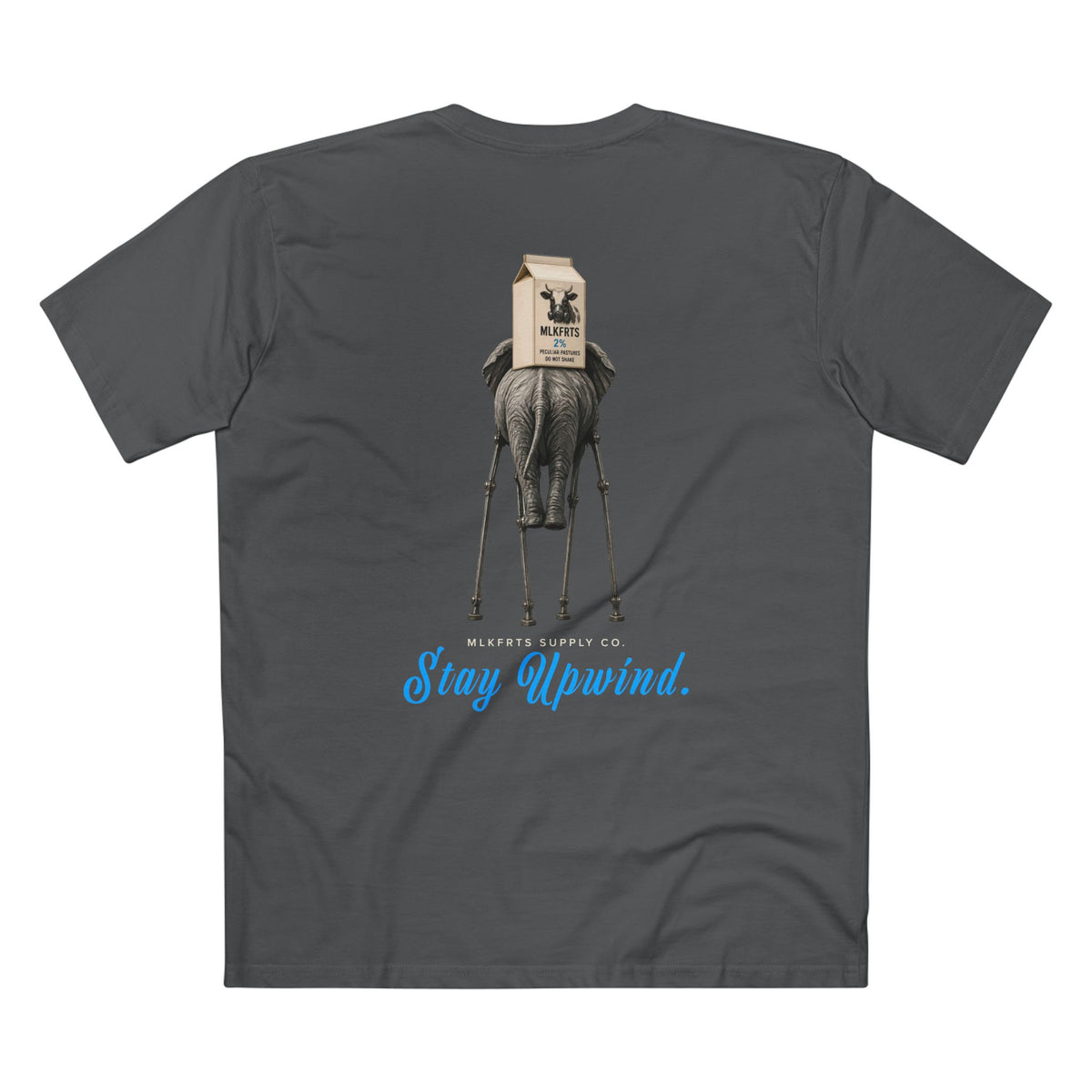 Stay Upwind Tee in charcoal, back: elephant on stilt legs carrying an MLKFRTS 2% milk carton, blue script Stay Upwind