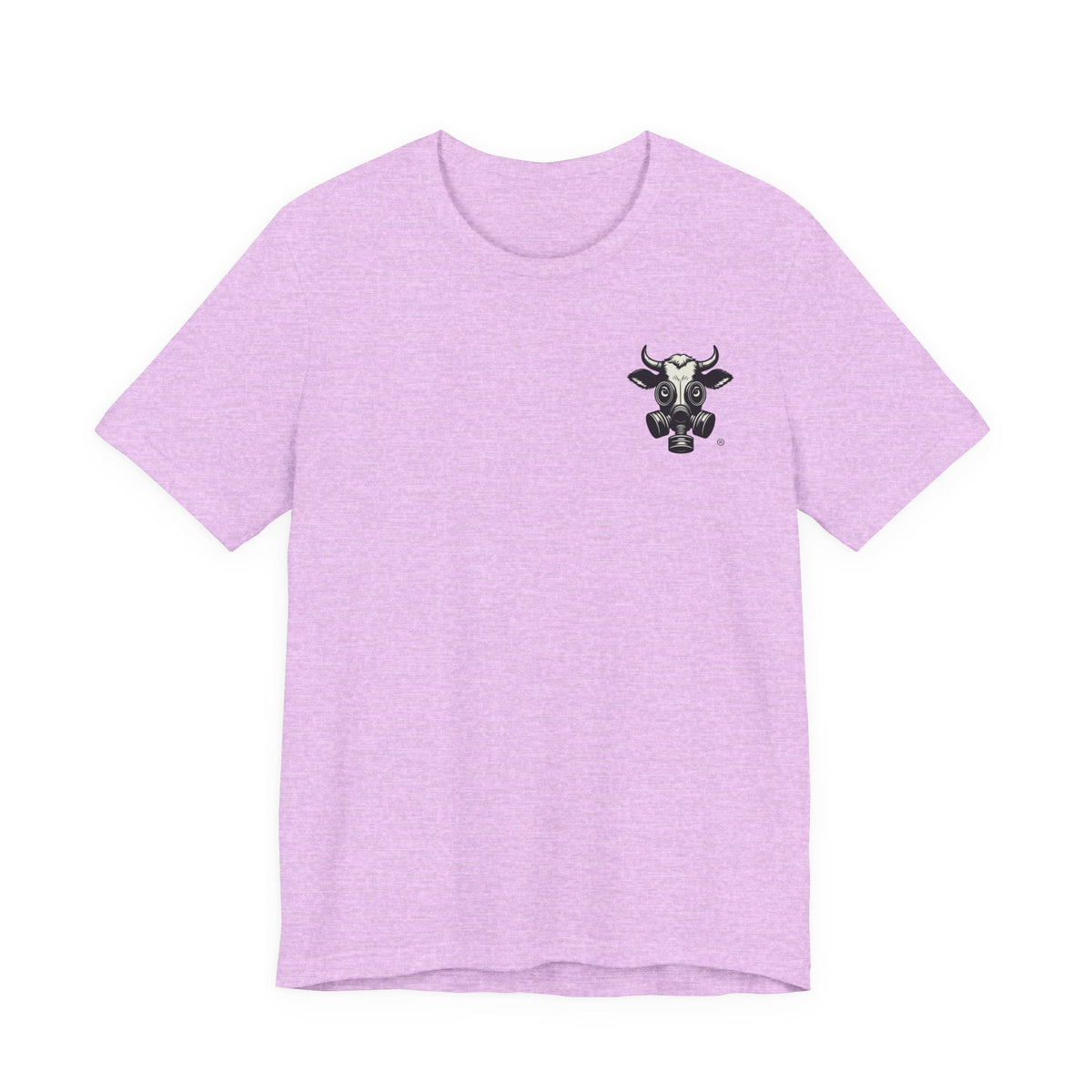 Heather Prism Lilac t-shirt with a small gas-mask cow head on the left chest, front view
