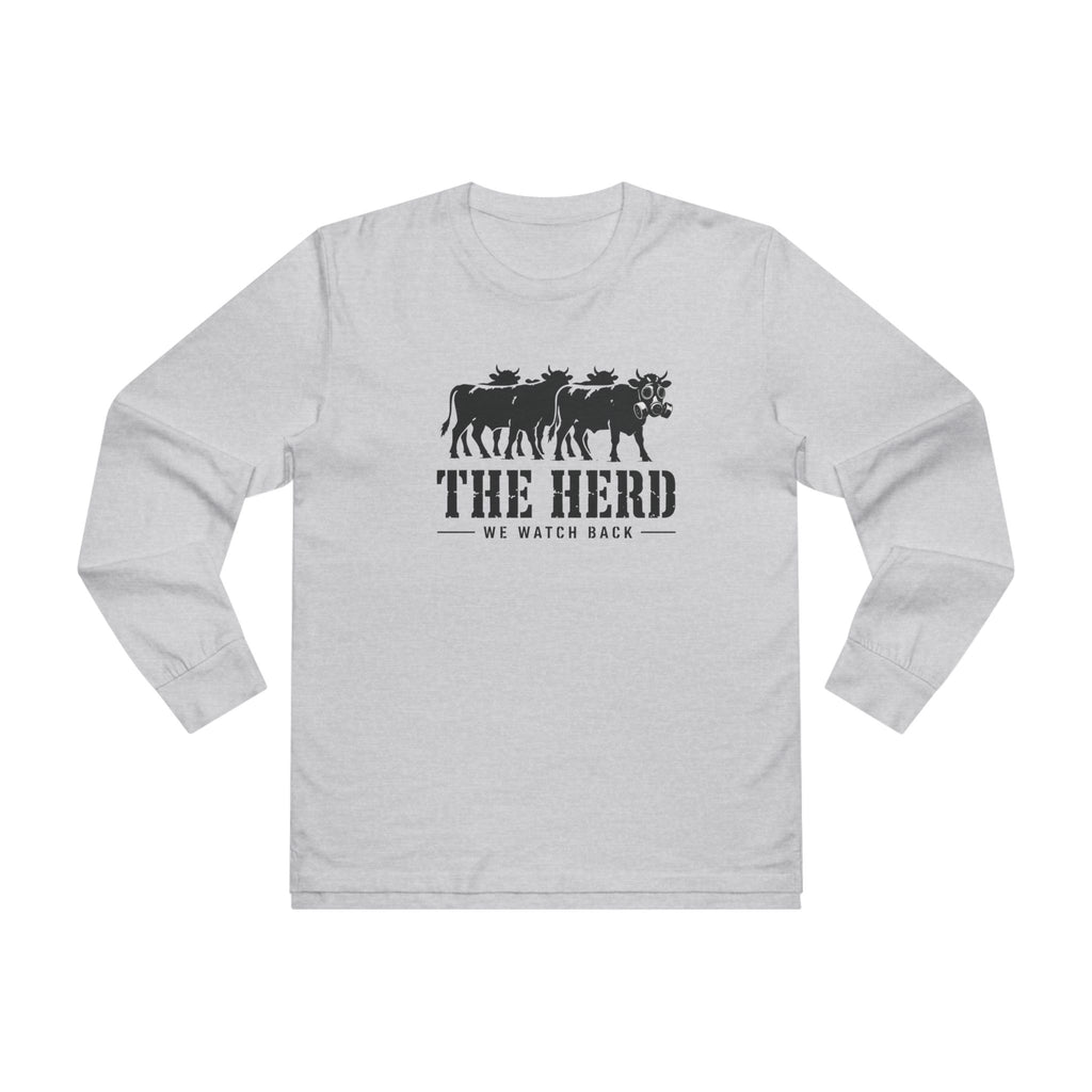 Watch Back Long Sleeve Tee in light grey, front: four stamped cow silhouettes, the front cow in a gas mask, THE HERD, We Watch Back