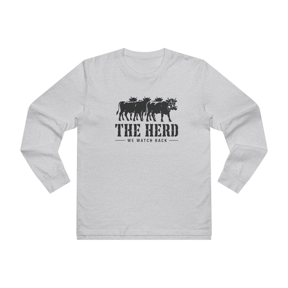 Watch Back Long Sleeve Tee in light grey, front: four stamped cow silhouettes, the front cow in a gas mask, THE HERD, We Watch Back