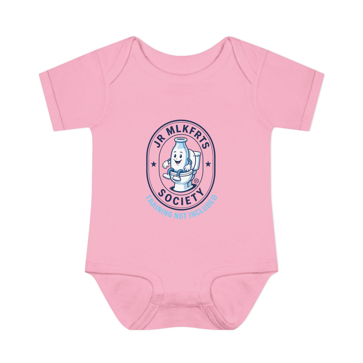 Pink baby bodysuit with a round Jr. MLKFRTS Society badge print with a cartoon milk bottle, front view