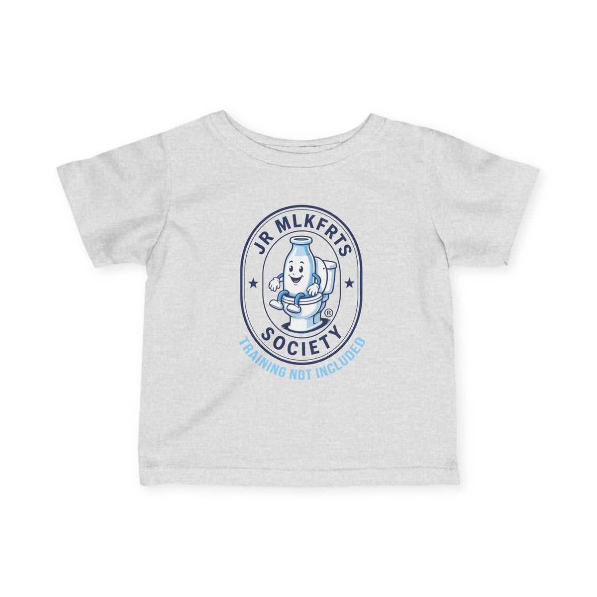 Heather infant tee with a round Jr. MLKFRTS Society badge print with a cartoon milk bottle, front view