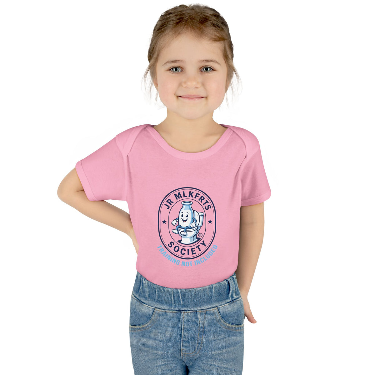Baby wearing the Pink baby bodysuit with a round Jr. MLKFRTS Society badge print with a cartoon milk bottle
