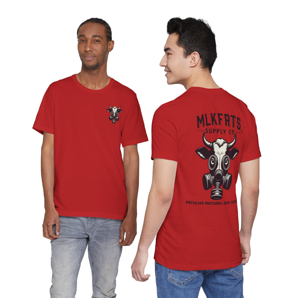 Two models wearing the Red t-shirt, front and back views