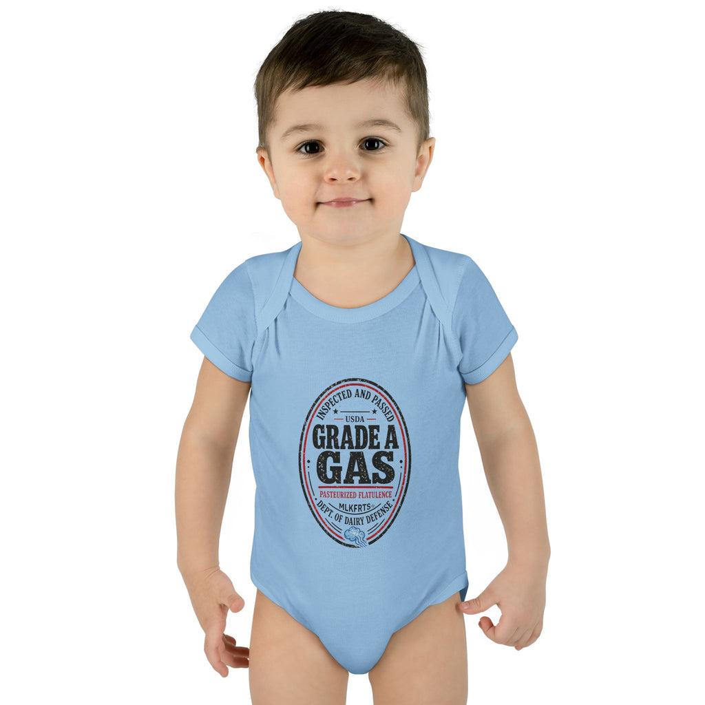 Baby wearing the Light Blue baby bodysuit with an oval "Grade A Gas" inspection-seal print