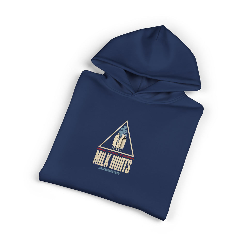 Unregulated Emissions Hoodie in cobalt, folded, front: MILK HURTS warning triangle