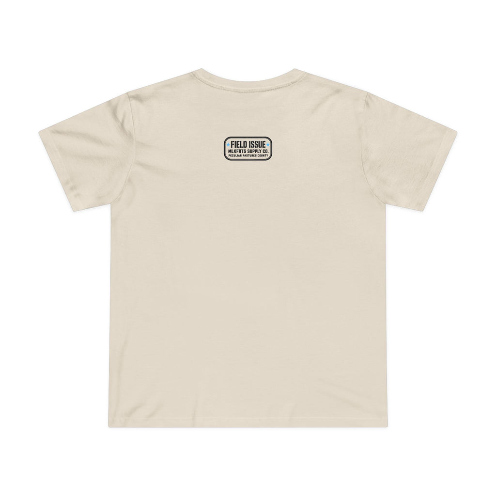 Ecru women's tee with the Field Issue patch reading MLKFRTS Supply Co., Peculiar Pastures County, on the upper back, back view