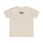 Ecru women's tee with the Field Issue patch reading MLKFRTS Supply Co., Peculiar Pastures County, on the upper back, back view