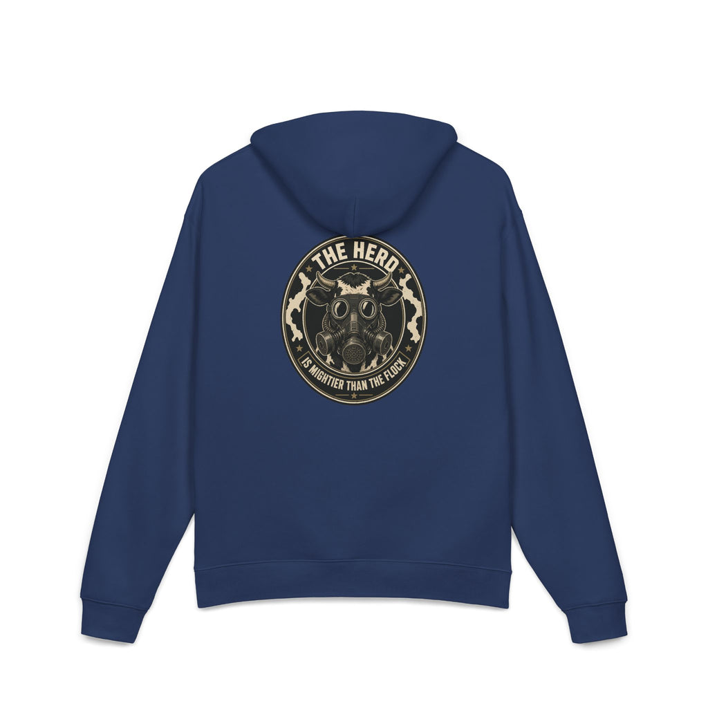 Stampede Hoodie in cobalt, back: large Herd gas-mask cow badge