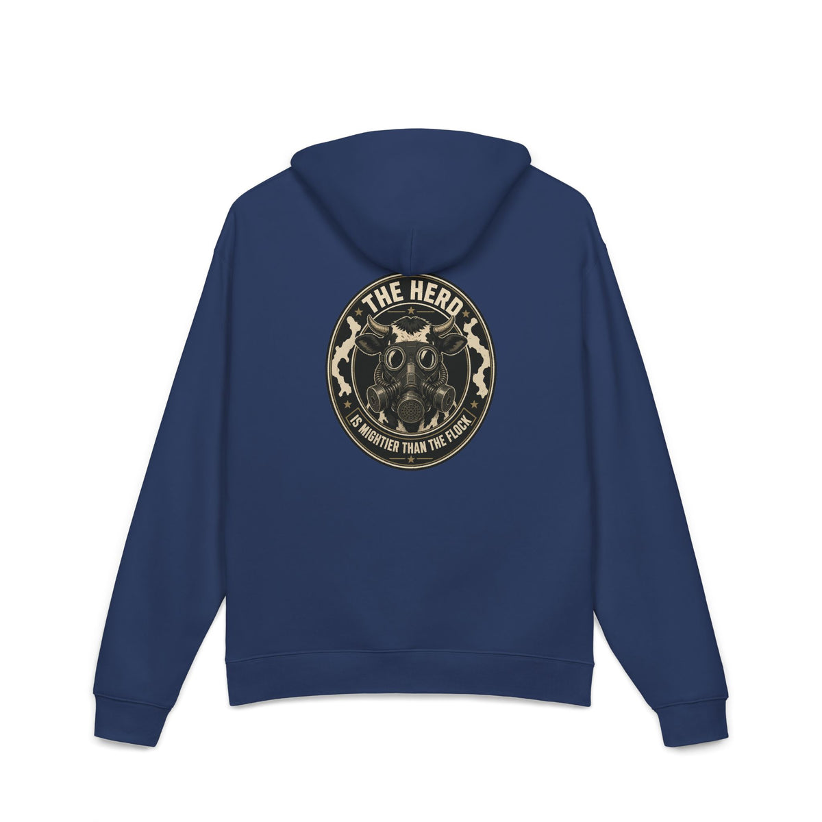 Stampede Hoodie in cobalt, back: large Herd gas-mask cow badge