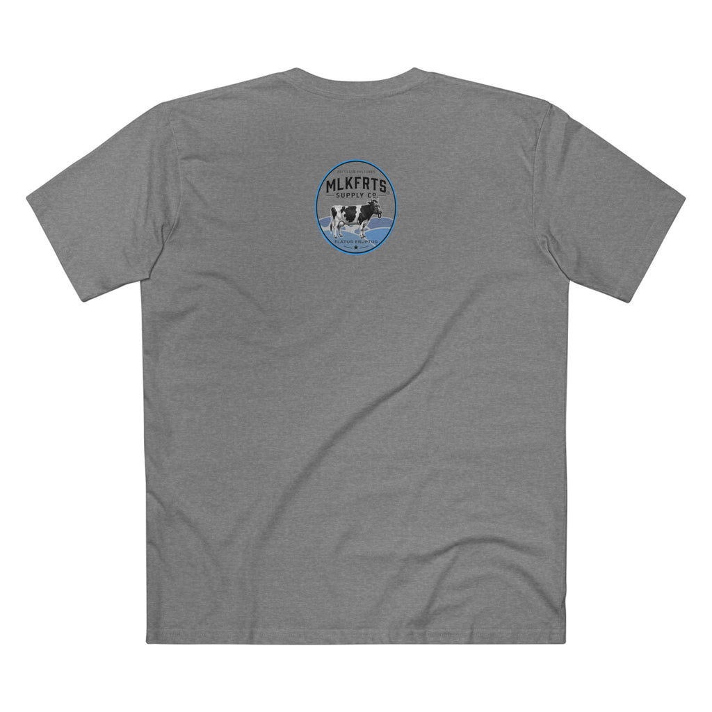 got mlkfrts? Flatus Eruptus Tee in Athletic Heather, back with the Flatus Eruptus gas-mask cow seal on the upper back