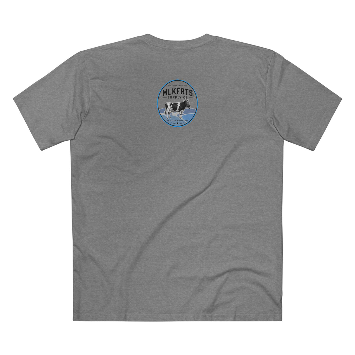 got mlkfrts? Flatus Eruptus Tee in Athletic Heather, back with the Flatus Eruptus gas-mask cow seal on the upper back