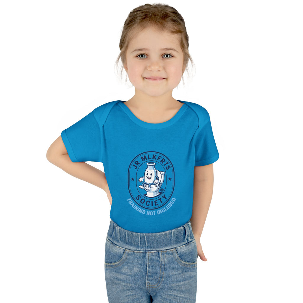 Baby wearing the Turquoise baby bodysuit with a round Jr. MLKFRTS Society badge print with a cartoon milk bottle