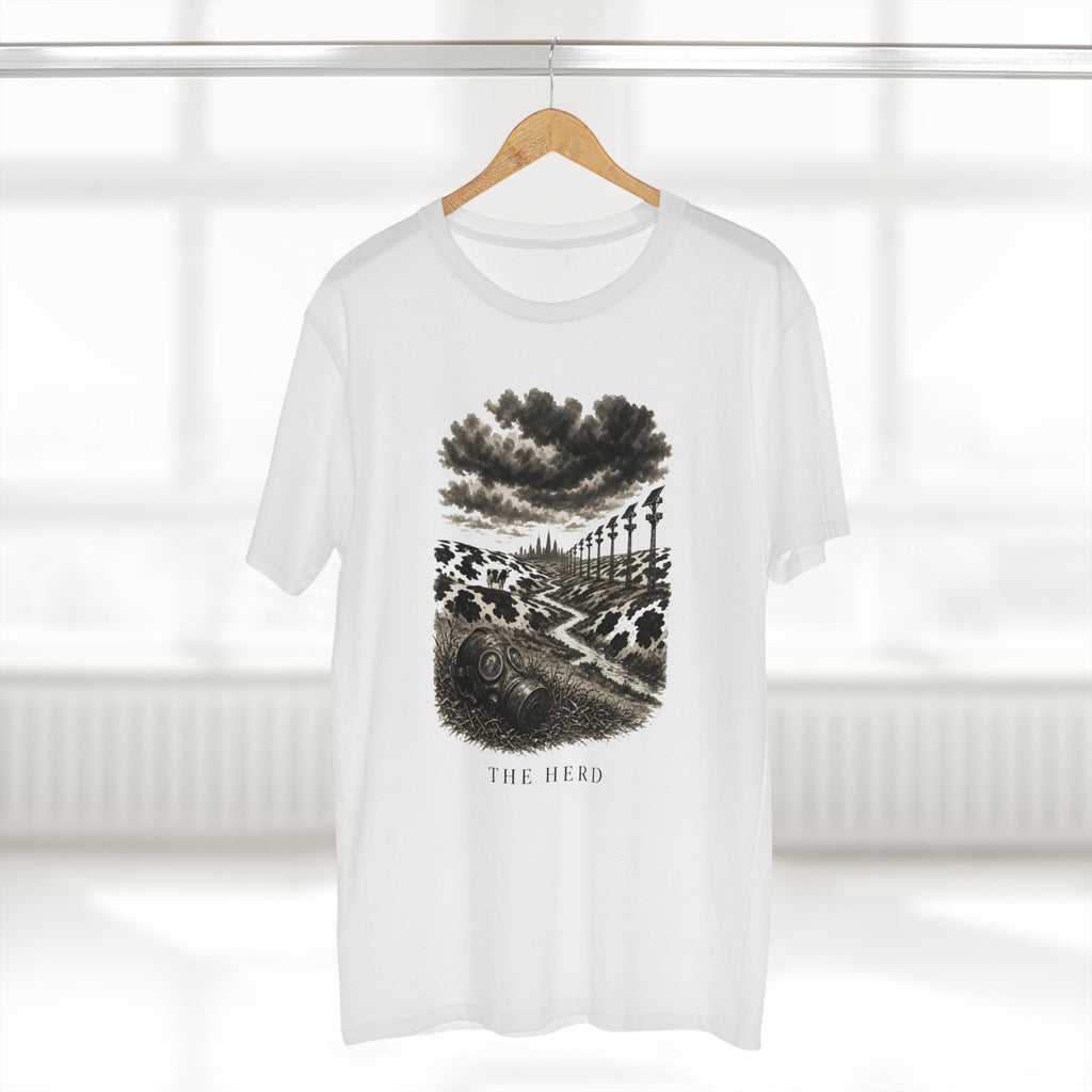The Hills Have Cams Tee in white on a hanger, front: etched surveillance hills with a gas mask in the grass, THE HERD.