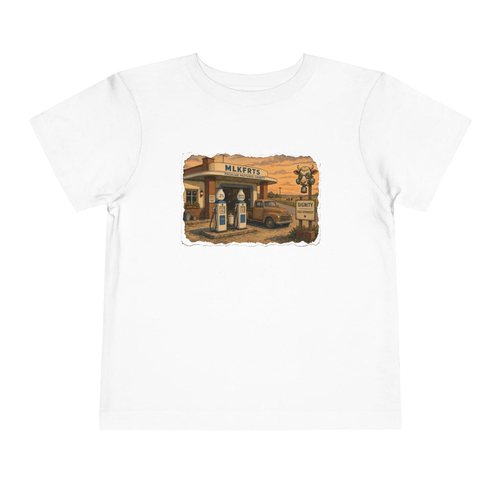 Peculiar Gas Station Toddler Tee in White, front with the vintage milk-pump gas station scene