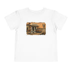 Peculiar Gas Station Toddler Tee in White, front with the vintage milk-pump gas station scene