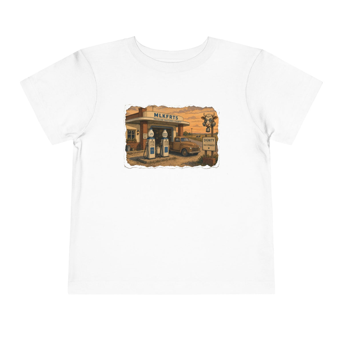 Peculiar Gas Station Toddler Tee in White, front with the vintage milk-pump gas station scene