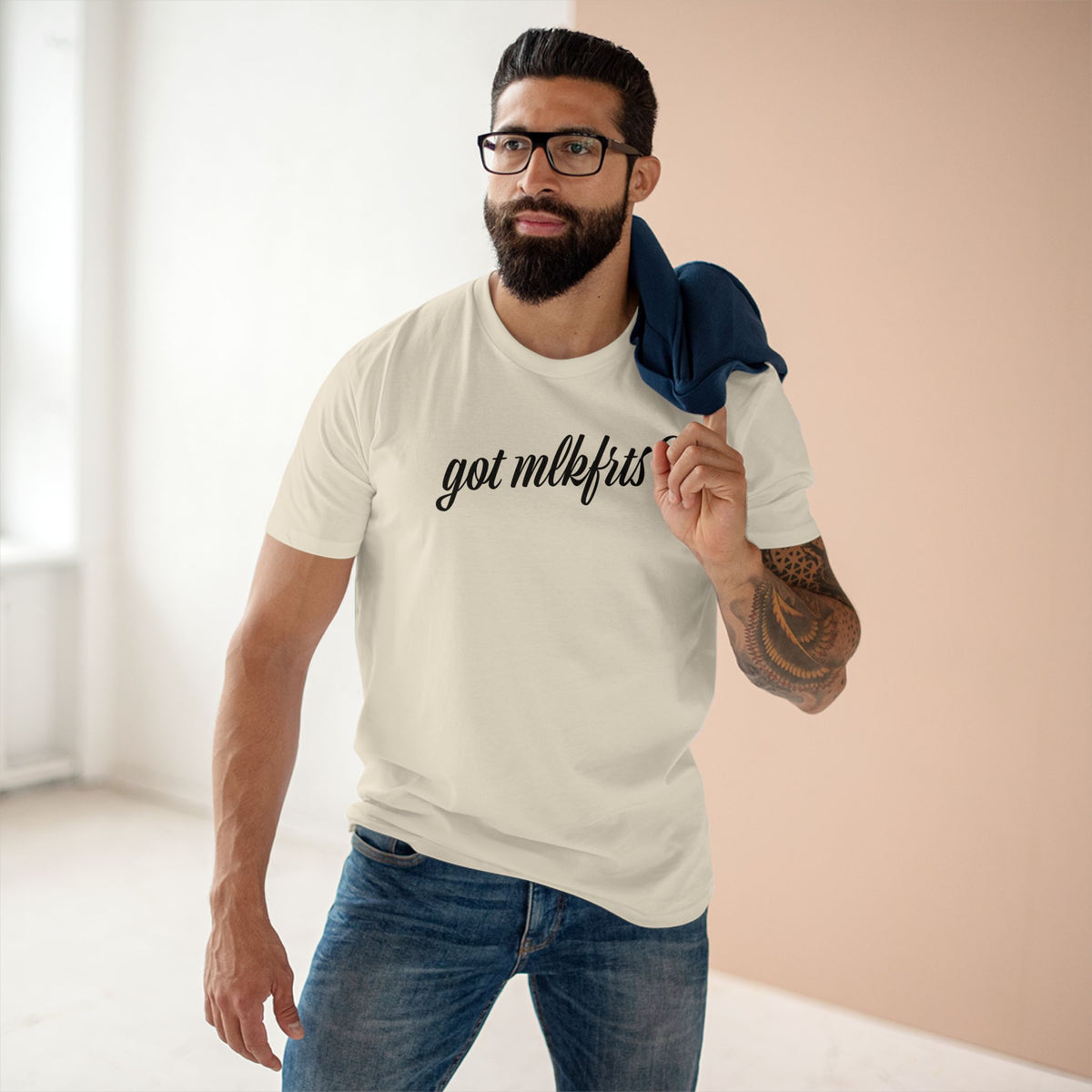 Man wearing the got mlkfrts? Flatus Eruptus Tee in Natural, got mlkfrts? script on the front