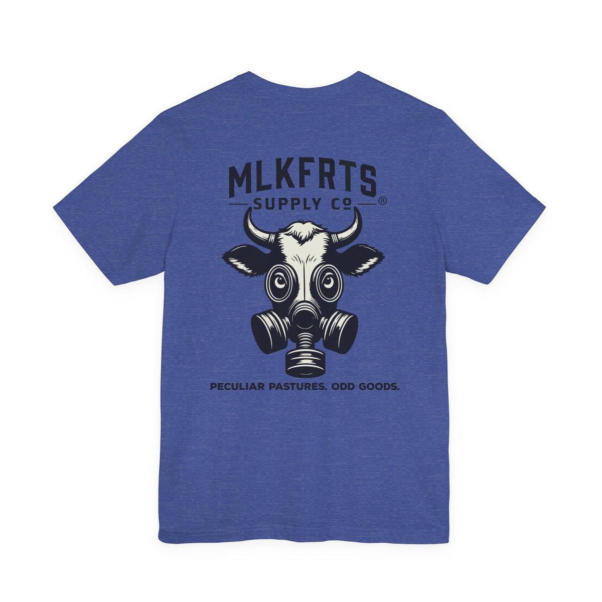 Heather True Royal t-shirt, back view with a large MLKFRTS Supply Co. gas-mask cow graphic