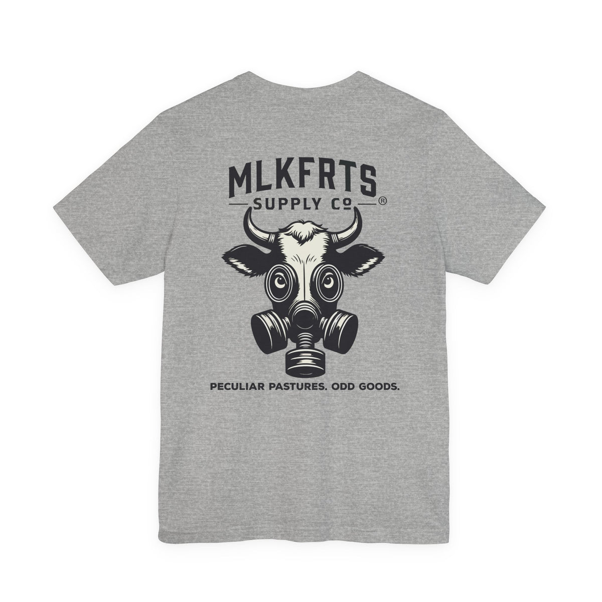 Athletic Heather t-shirt, back view with a large MLKFRTS Supply Co. gas-mask cow graphic