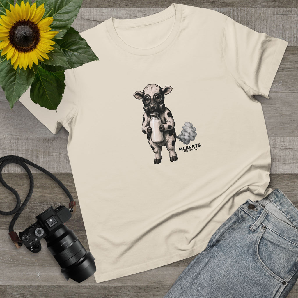 Ecru women's tee with the Calf of Concern on the front, flat lay with a sunflower, camera and jeans
