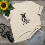 Ecru women's tee with the Calf of Concern on the front, flat lay with a sunflower, camera and jeans