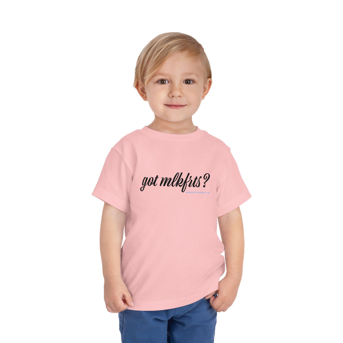 Toddler wearing the got mlkfrts? Toddler Tee in Pink, got mlkfrts? script on the front