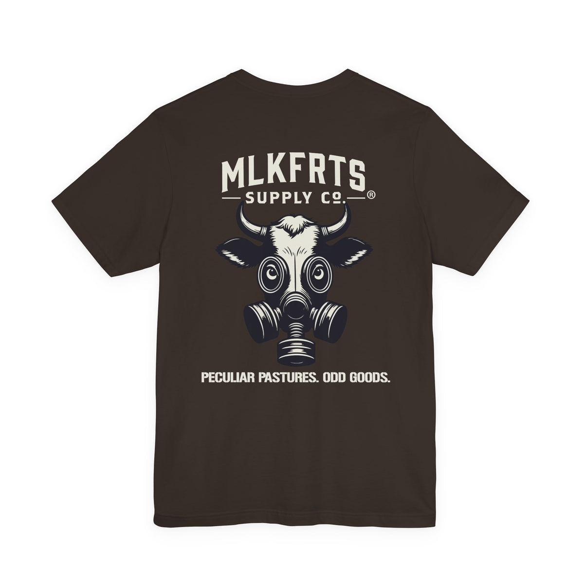 Brown t-shirt, back view with a large MLKFRTS Supply Co. gas-mask cow graphic