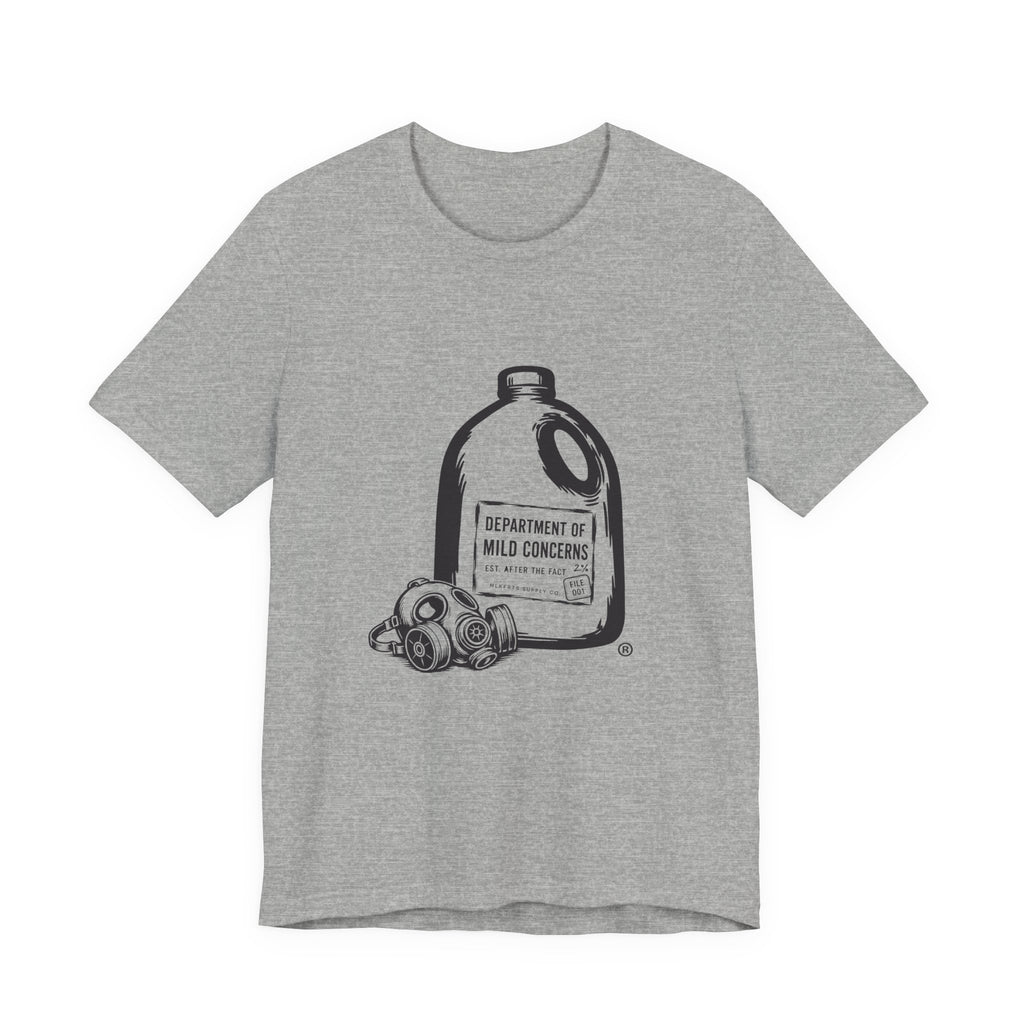 Athletic Heather t-shirt with a large gallon milk jug graphic with a gas mask and "Department of Mild Concerns" label, front view