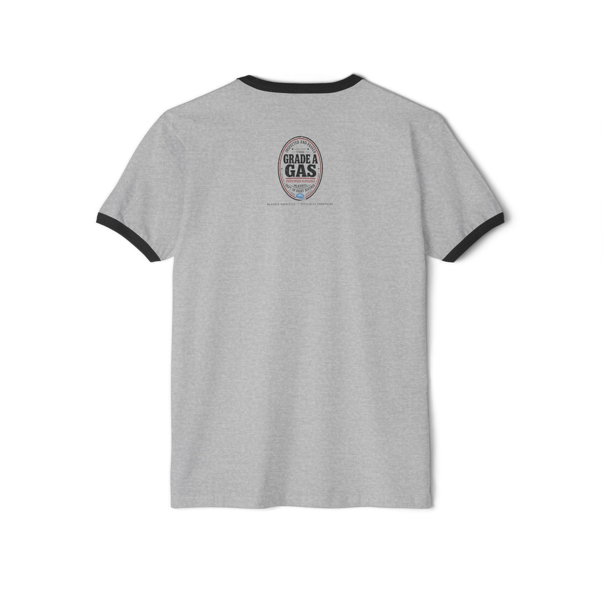 Heather Grey/Black ringer tee, back view with a small oval seal on the upper back