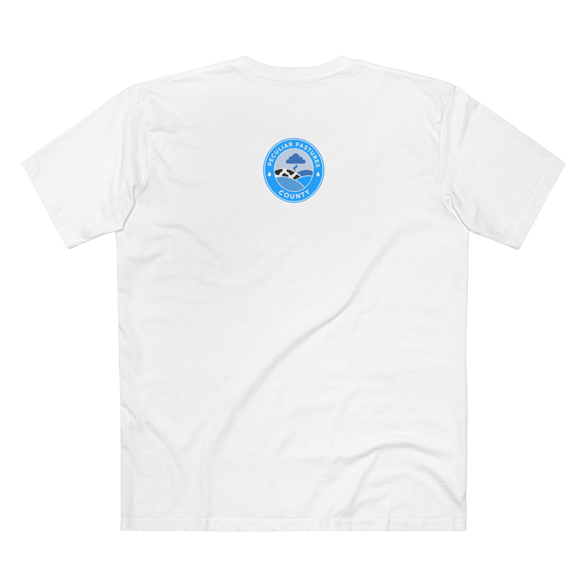 MLKFRTS Grade A Fully Compliant tee in White, back view with the Peculiar Pastures County seal on the upper back