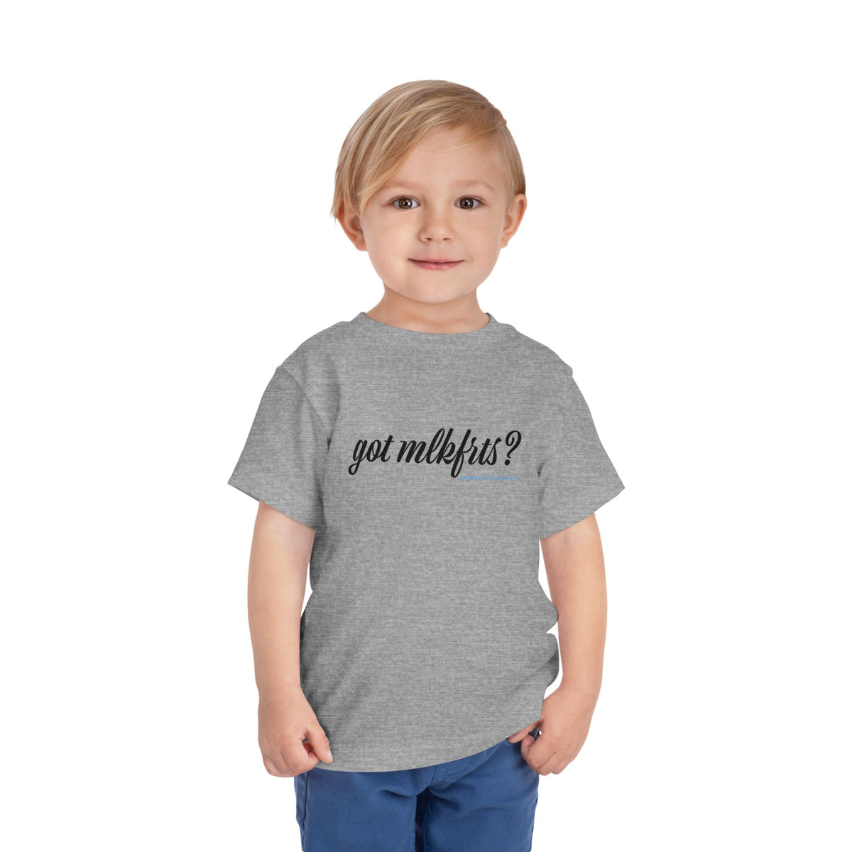 Toddler wearing the got mlkfrts? Toddler Tee in Athletic Heather, got mlkfrts? script on the front