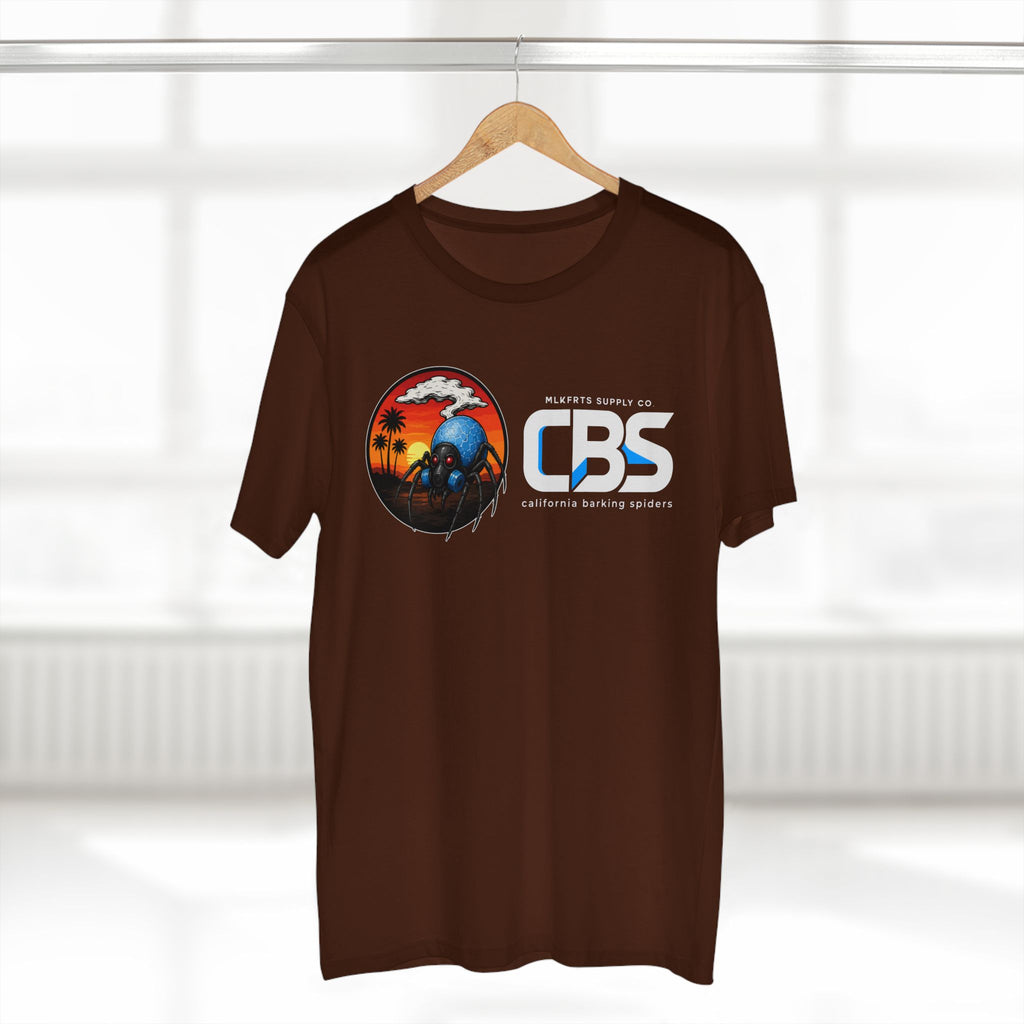 MLKFRTS California Barking Spiders Tee in dark chocolate on a hanger, front: CBS lockup with the gas-masked spider
