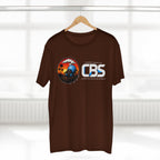MLKFRTS California Barking Spiders Tee in dark chocolate on a hanger, front: CBS lockup with the gas-masked spider