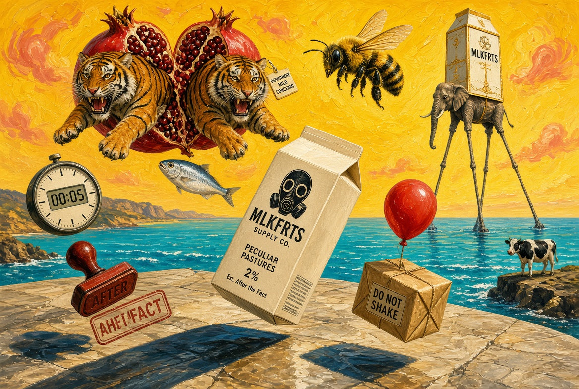 Surreal MLKFRTS collage of tigers, a bee, a skull-marked milk carton, red balloon and a melting clock on a tiled seaside