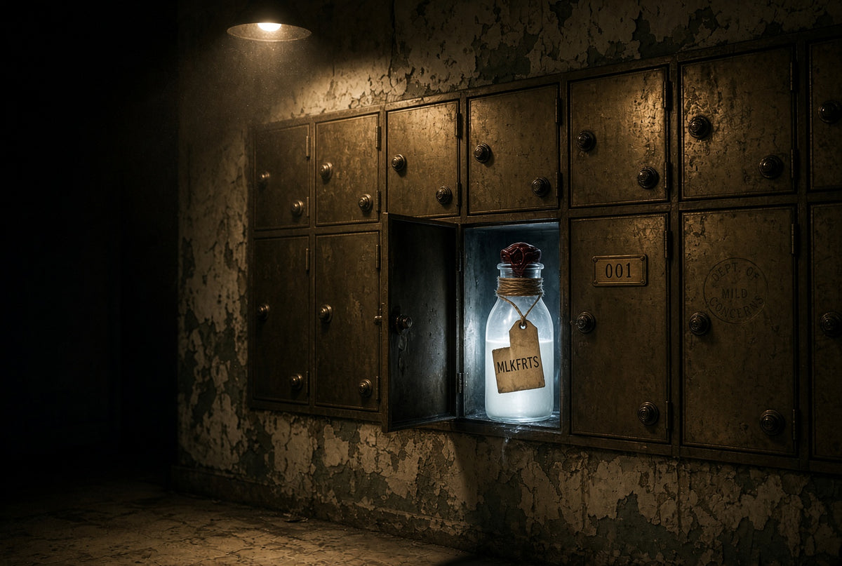 Old metal lockers with one open compartment glowing around a MLKFRTS milk bottle