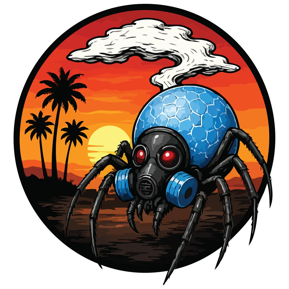 California Barking Spiders badge: a gas-masked blue spider under a California sunset, palm trees behind it and a cloud lingering overhead
