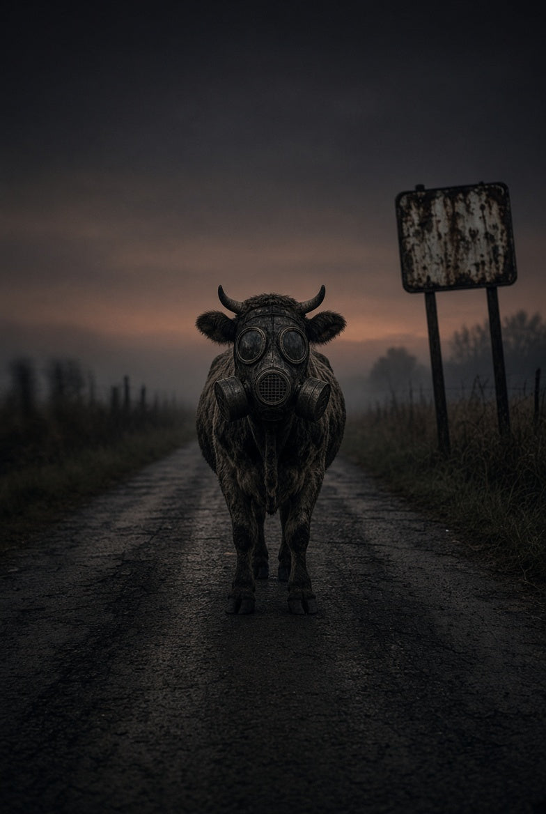 A gas-masked cow standing alone on a cracked rural road at dusk beside a blank rusted sign