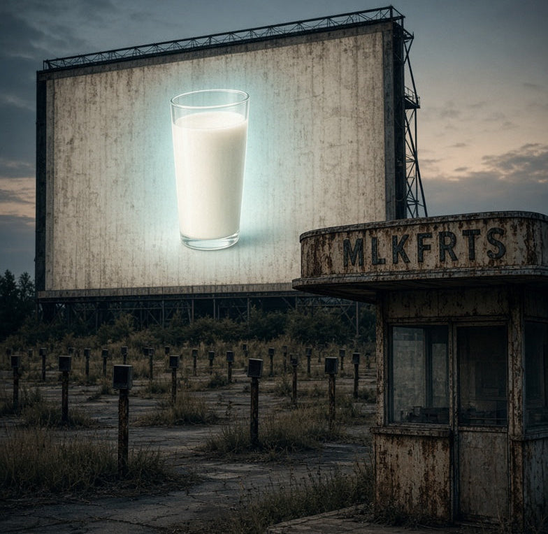 Abandoned drive-in screen glowing with a glass of milk beside a MLKFRTS ticket booth at dusk