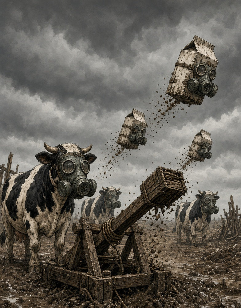 Gas-mask cows catapulting gas-masked MLKFRTS milk cartons across a muddy field